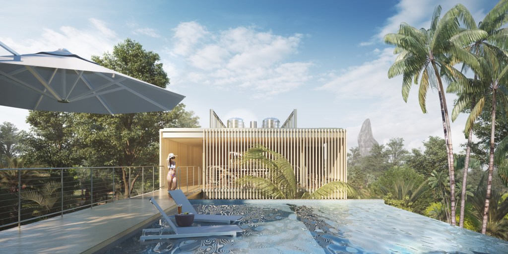 piscina de borda infinita com vista para natureza e espreguiçadeiras azuis da cor da água da piscina