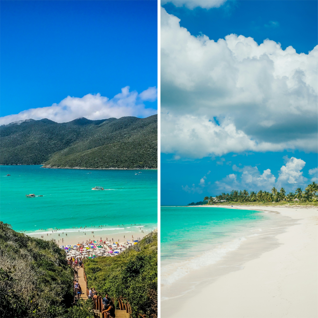 Arraial do Cabo, no Rio de Janeiro, à esquerda. Já Bahamas, no Caribe, à direita